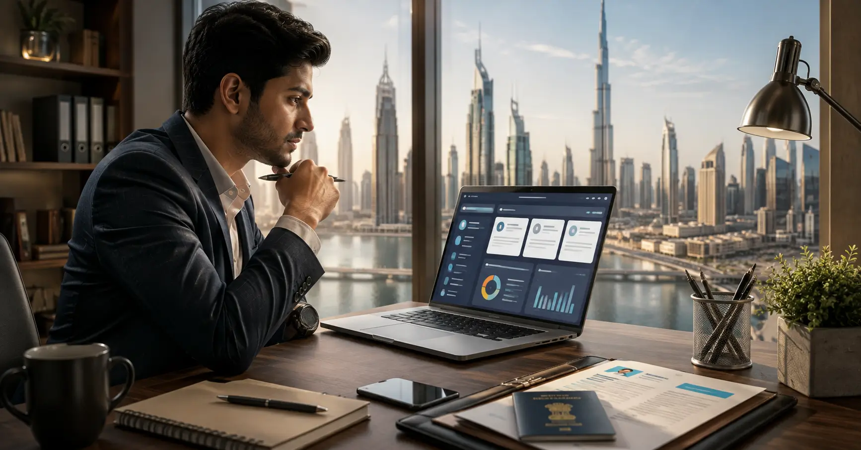 Young Indian professional researching Dubai job opportunities and career options on a laptop