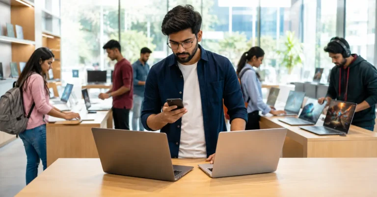 Young professional comparing the latest laptop prices in a modern electronics showroom in India.