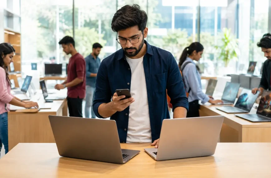 Young professional comparing the latest laptop prices in a modern electronics showroom in India.