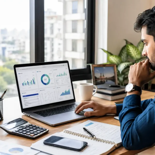 Indian professional comparing NBFC personal loan options and loan costs on a laptop