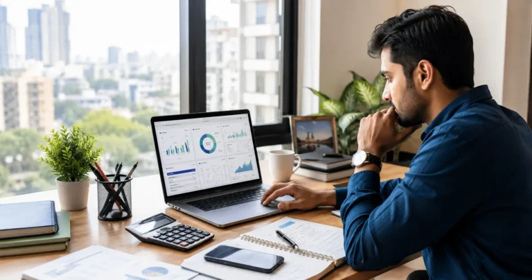 Indian professional comparing NBFC personal loan options and loan costs on a laptop