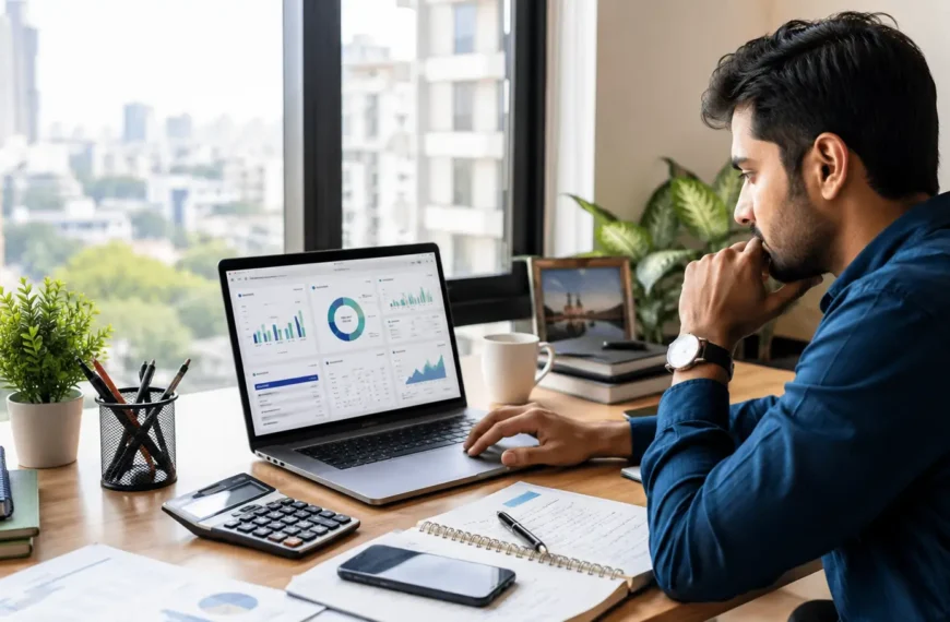 Indian professional comparing NBFC personal loan options and loan costs on a laptop