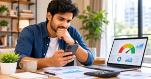 Salaried Indian employee reviewing personal loan and credit information at home