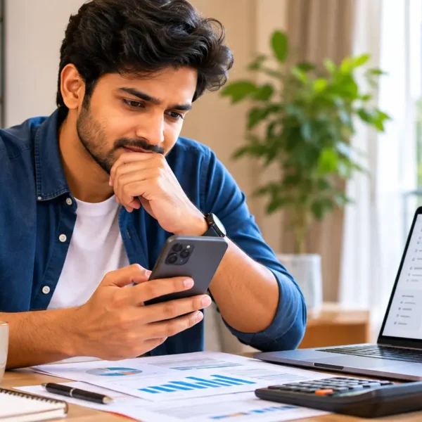 Salaried Indian employee reviewing personal loan and credit information at home