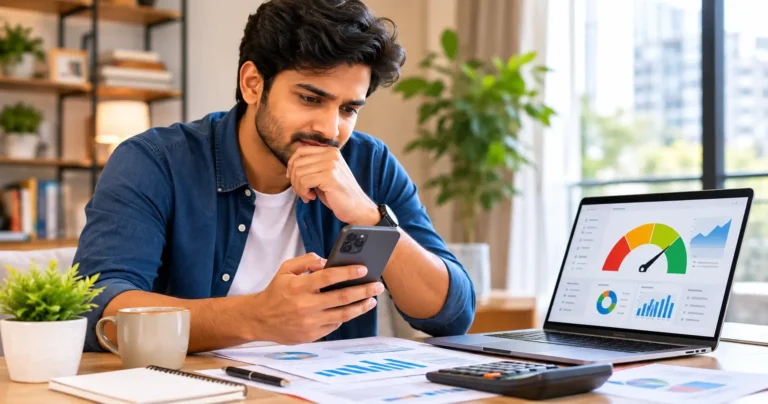 Salaried Indian employee reviewing personal loan and credit information at home