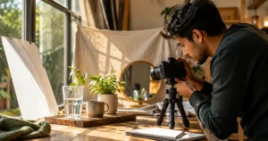 Photographer creating a creative indoor photo setup beside a window using everyday household objects