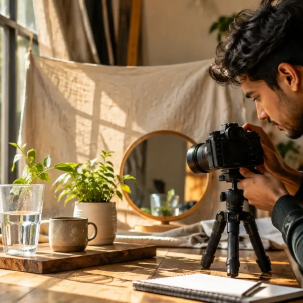 Photographer creating a creative indoor photo setup beside a window using everyday household objects