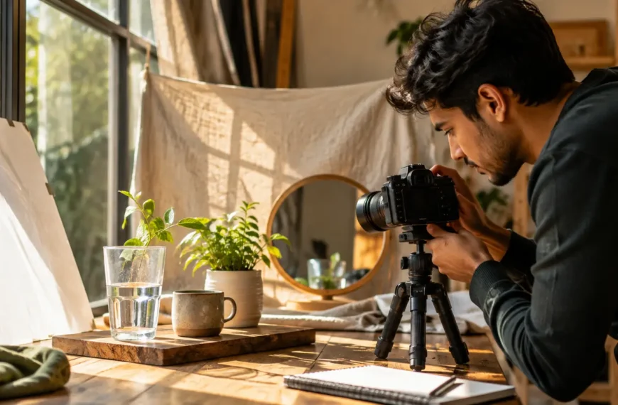 Photographer creating a creative indoor photo setup beside a window using everyday household objects