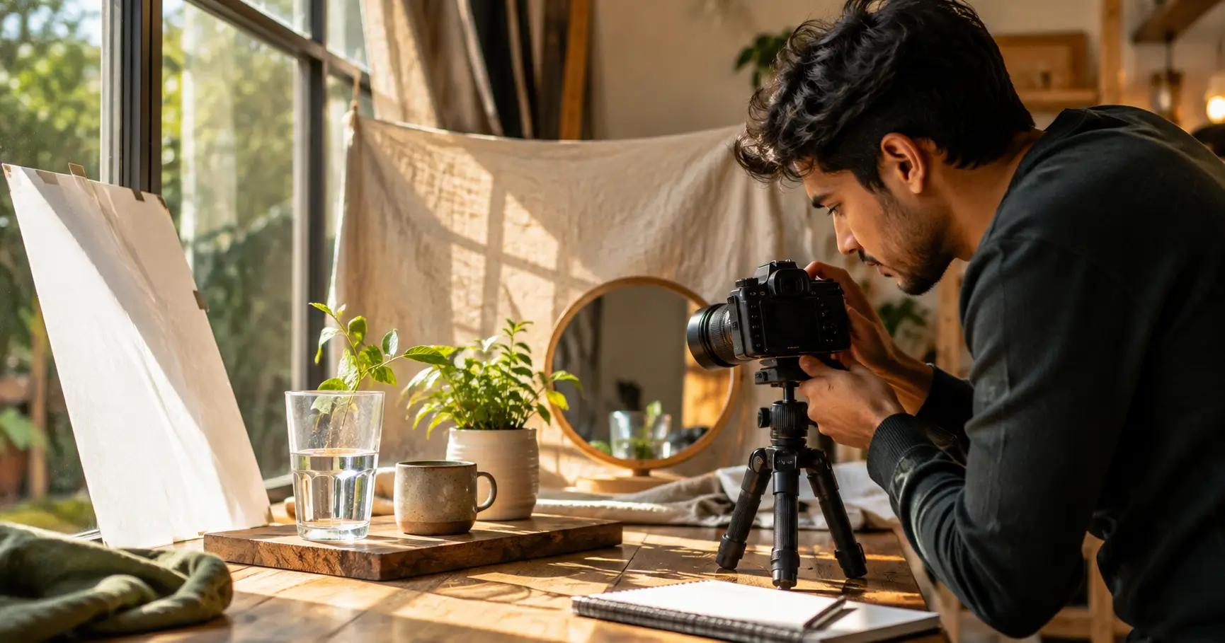Photographer creating a creative indoor photo setup beside a window using everyday household objects