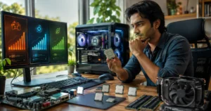 Young technology enthusiast comparing processors at a modern PC workstation for a 2026 CPU ranking