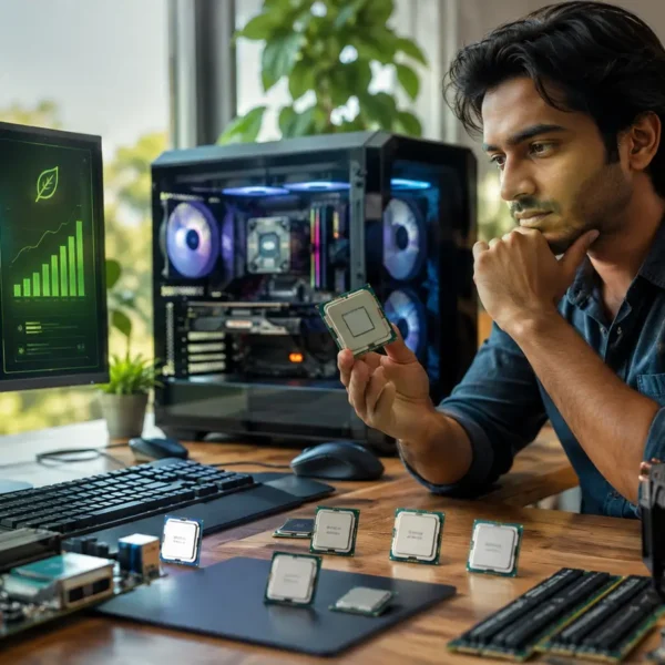 Young technology enthusiast comparing processors at a modern PC workstation for a 2026 CPU ranking