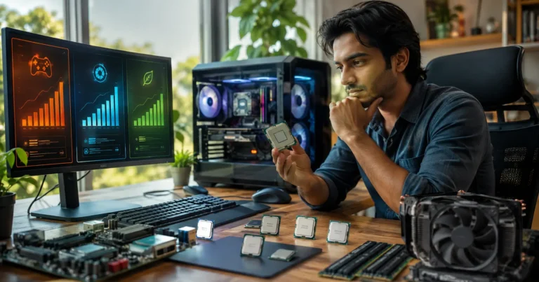 Young technology enthusiast comparing processors at a modern PC workstation for a 2026 CPU ranking