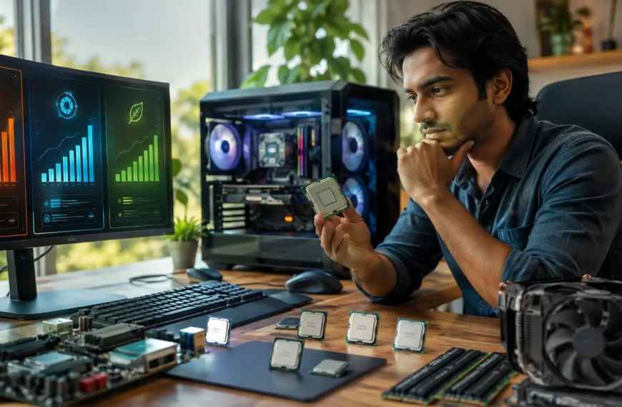 Young technology enthusiast comparing processors at a modern PC workstation for a 2026 CPU ranking