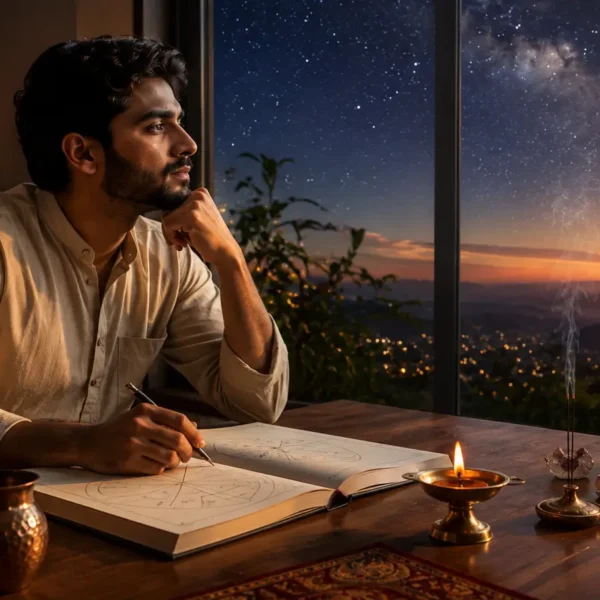 Indian adult studying a Vedic astrology birth chart while reflecting on Rahu in the first house