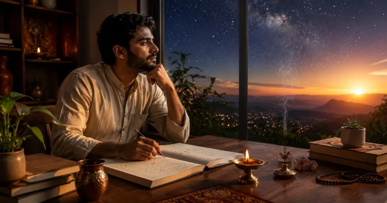 Indian adult studying a Vedic astrology birth chart while reflecting on Rahu in the first house
