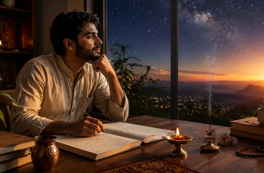 Indian adult studying a Vedic astrology birth chart while reflecting on Rahu in the first house