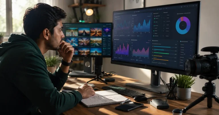 Indian YouTube creator researching video SEO and channel analytics on a computer