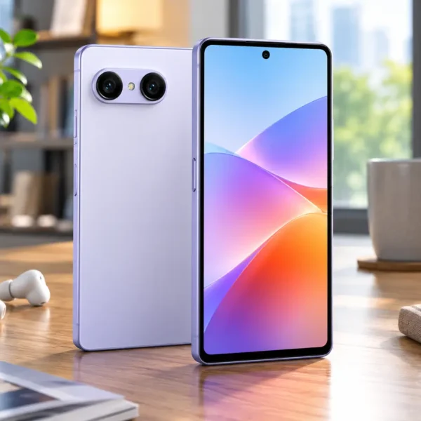 Sony Xperia 10 VIII-style compact smartphone photographed in a bright modern workspace