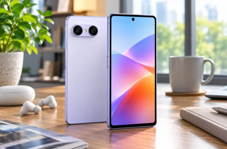 Sony Xperia 10 VIII-style compact smartphone photographed in a bright modern workspace