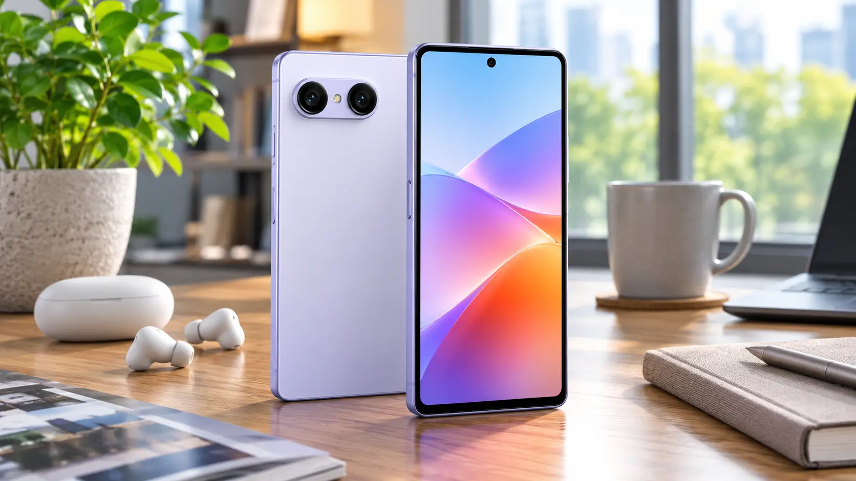 Sony Xperia 10 VIII-style compact smartphone photographed in a bright modern workspace