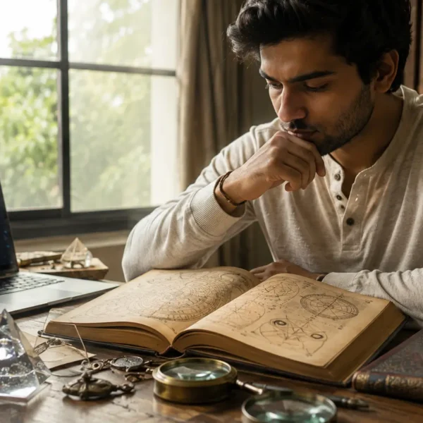 Young Indian adult exploring supernatural powers through historical symbols and modern science