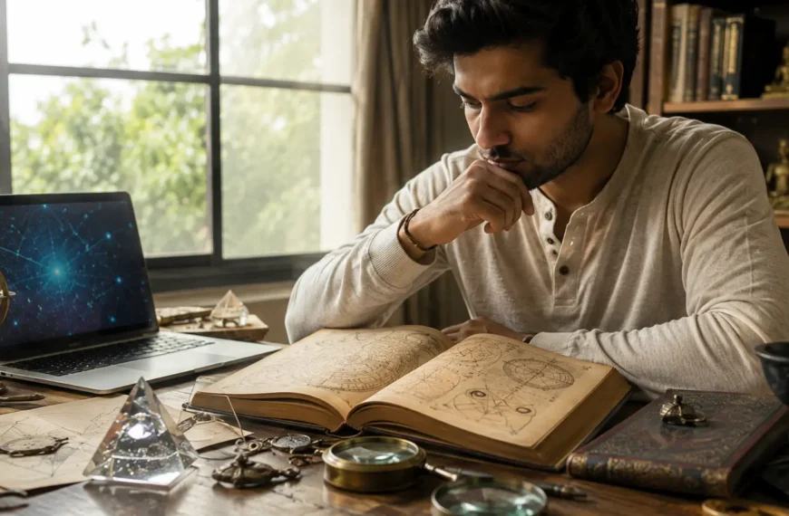 Young Indian adult exploring supernatural powers through historical symbols and modern science