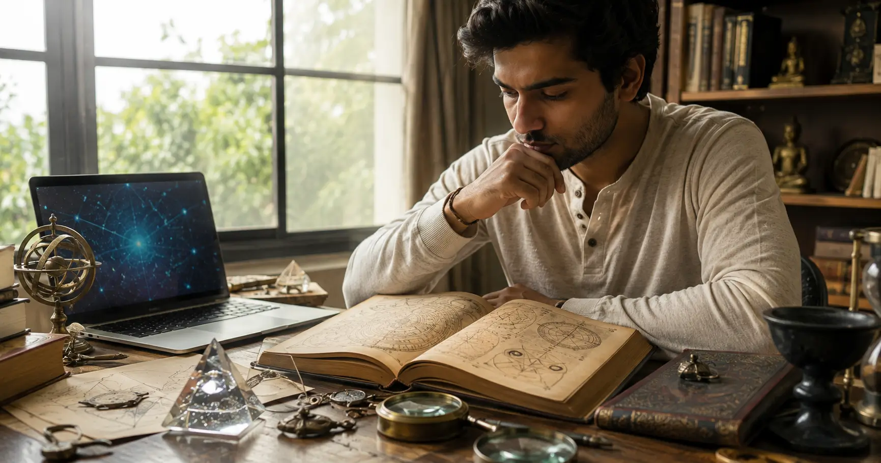 Young Indian adult exploring supernatural powers through historical symbols and modern science
