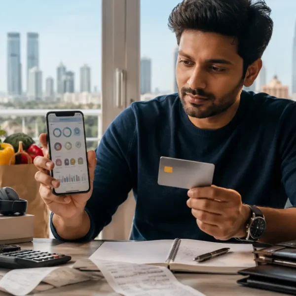 Indian professional comparing a generic credit card and rewards on a smartphone
