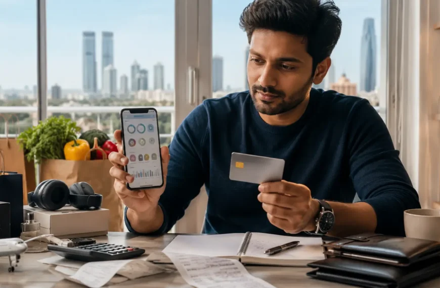 Indian professional comparing a generic credit card and rewards on a smartphone