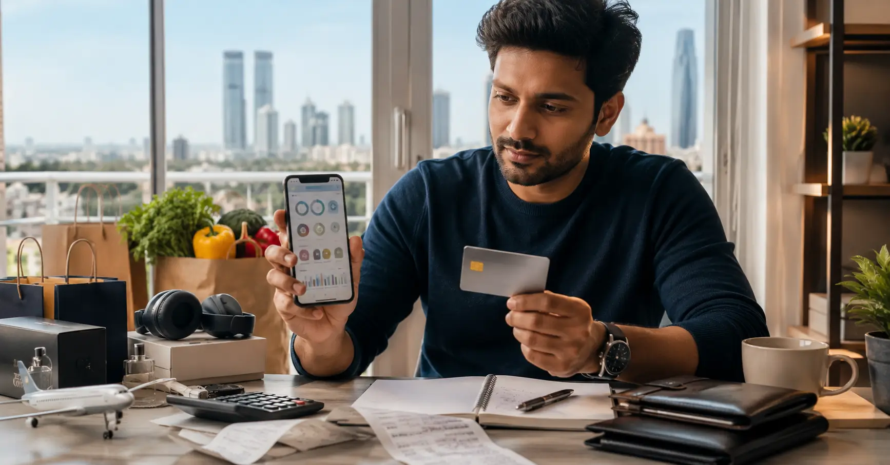 Indian professional comparing a generic credit card and rewards on a smartphone