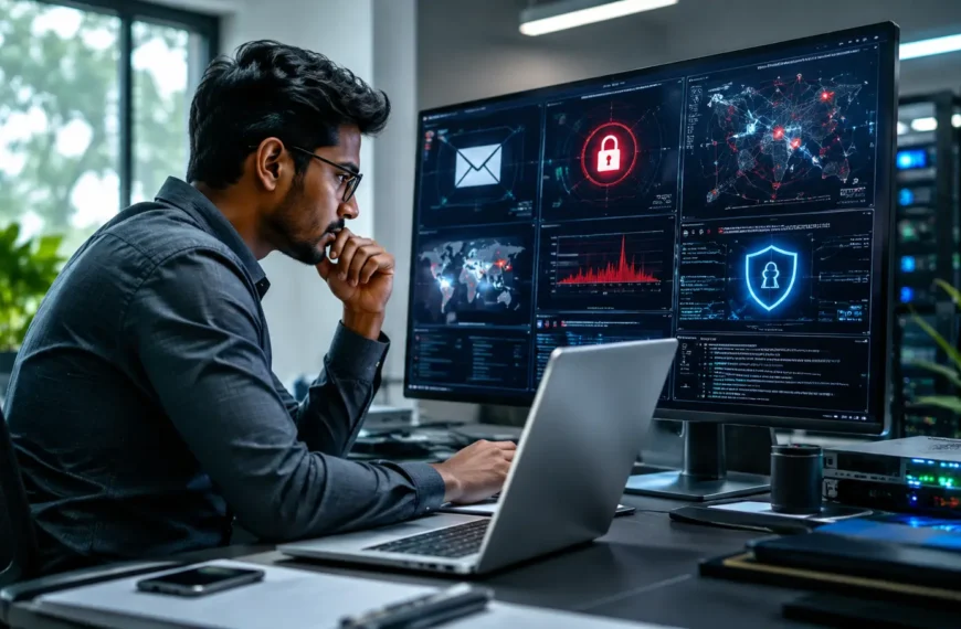 Indian cybersecurity professional analyzing multiple types of cyber attacks on a modern security dashboard