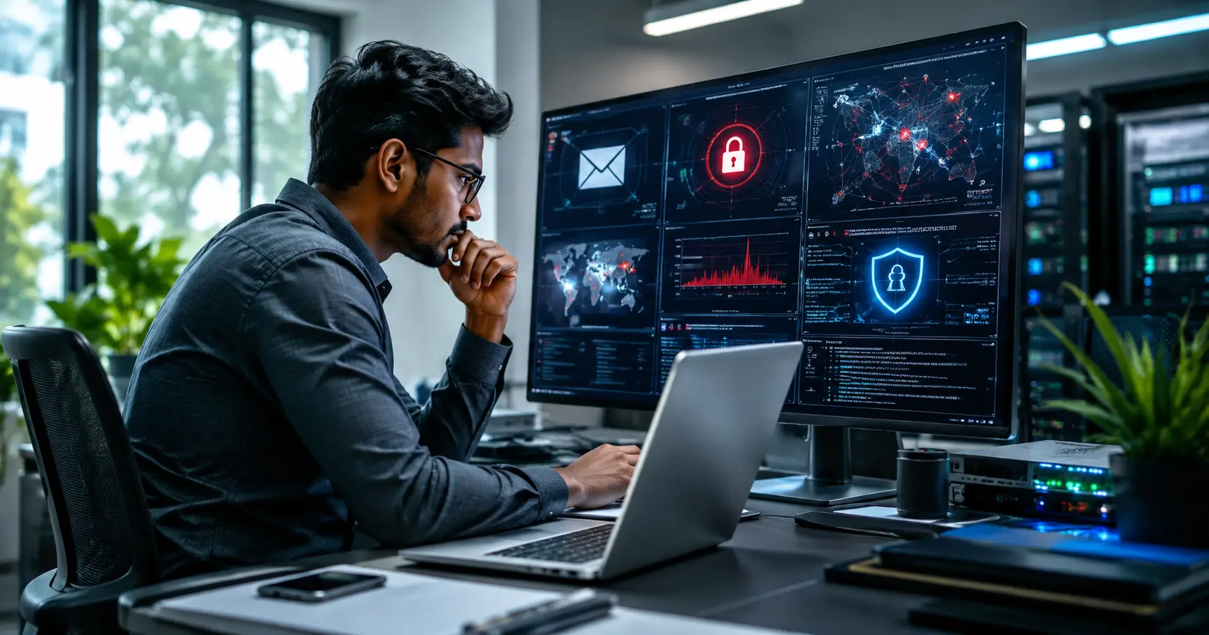Indian cybersecurity professional analyzing multiple types of cyber attacks on a modern security dashboard