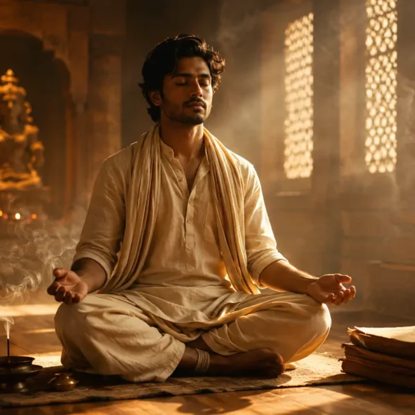 Vigyan Bhairav Tantra meditation scene showing an Indian seeker practicing contemplative awareness beside traditional Sanskrit manuscripts