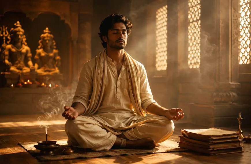Vigyan Bhairav Tantra meditation scene showing an Indian seeker practicing contemplative awareness beside traditional Sanskrit manuscripts