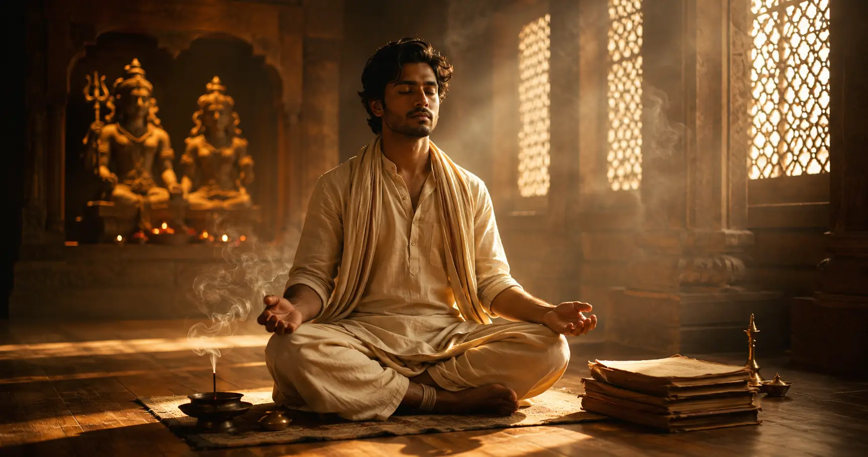 Vigyan Bhairav Tantra meditation scene showing an Indian seeker practicing contemplative awareness beside traditional Sanskrit manuscripts