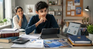 Indian commerce student comparing career options after Class 12 on a laptop