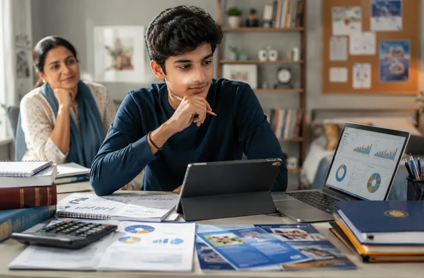 Indian commerce student comparing career options after Class 12 on a laptop