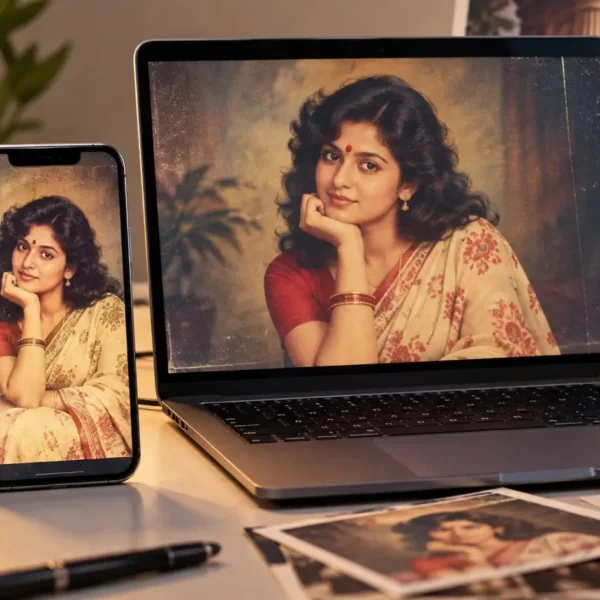 Conceptual illustration of a ChatGPT-generated 1980s-style Indian retro portrait on a modern device