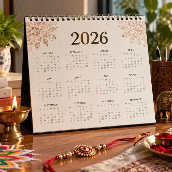 2026 Indian festival calendar surrounded by traditional festive decorations on a planning desk