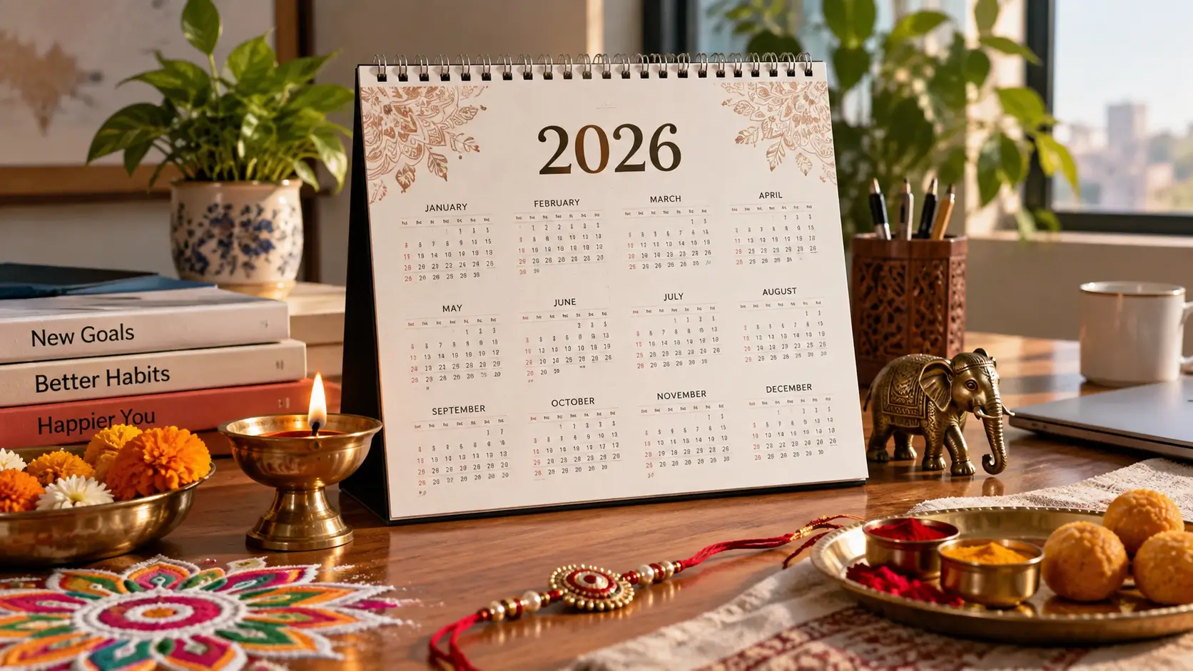 2026 Indian festival calendar surrounded by traditional festive decorations on a planning desk