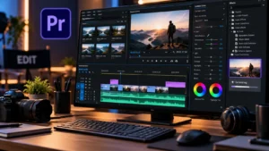 Adobe Premiere Pro video editing software on a professional video editing workstation