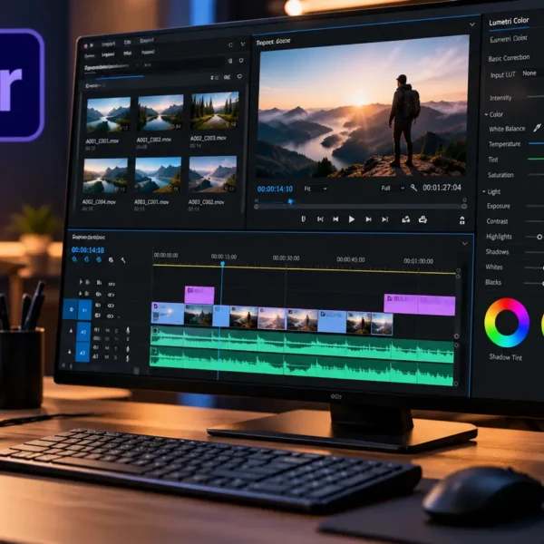 Adobe Premiere Pro video editing software on a professional video editing workstation