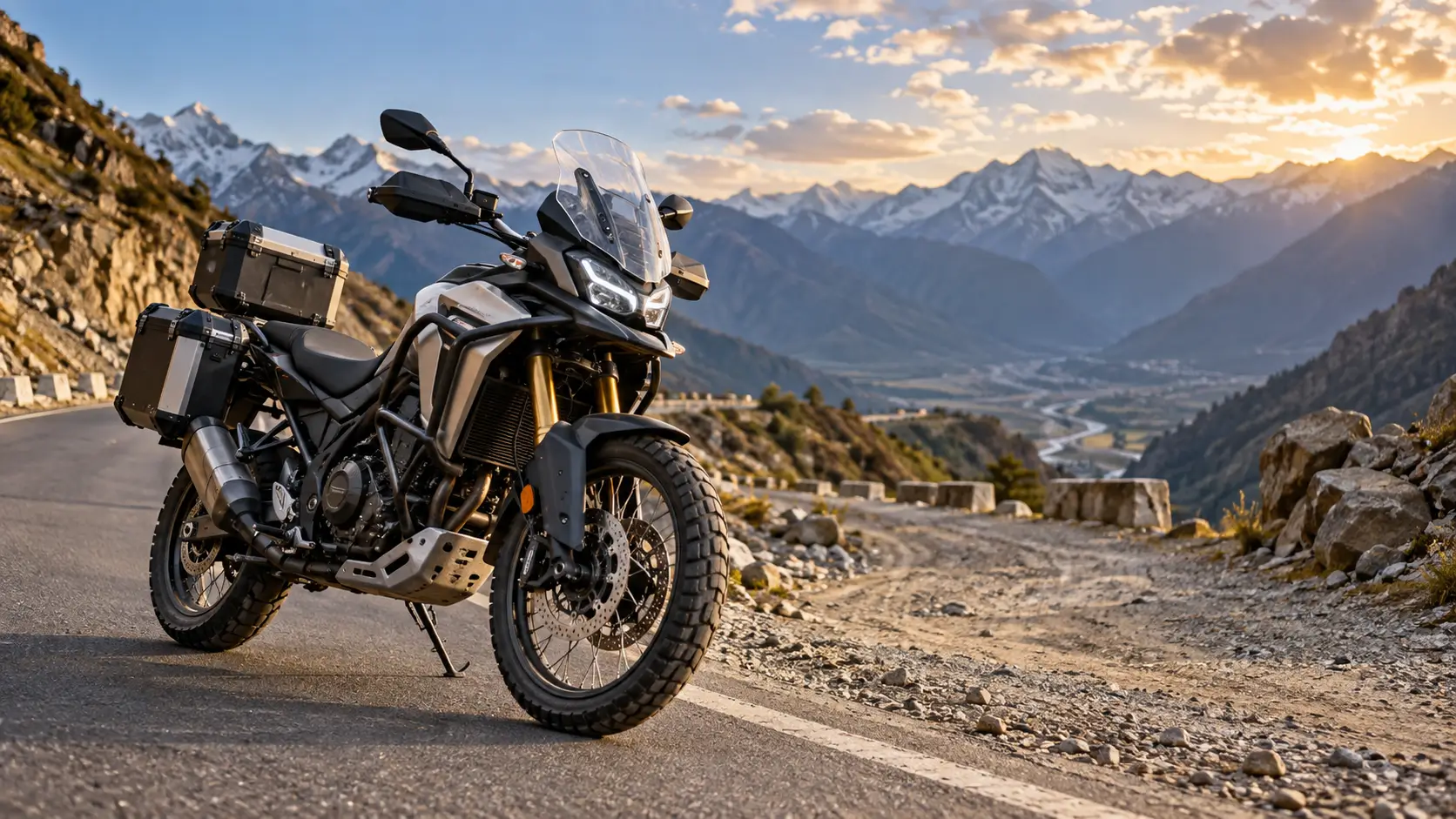 Modern adventure motorcycle riding on an Indian mountain road with paved and gravel terrain.