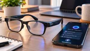 AI glasses with camera and AI assistant beside a smartphone