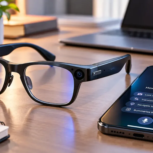 AI glasses with camera and AI assistant beside a smartphone