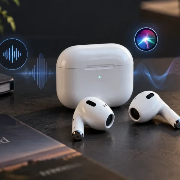 Conceptual editorial image of AirPods 5 and charging case on a technology desk