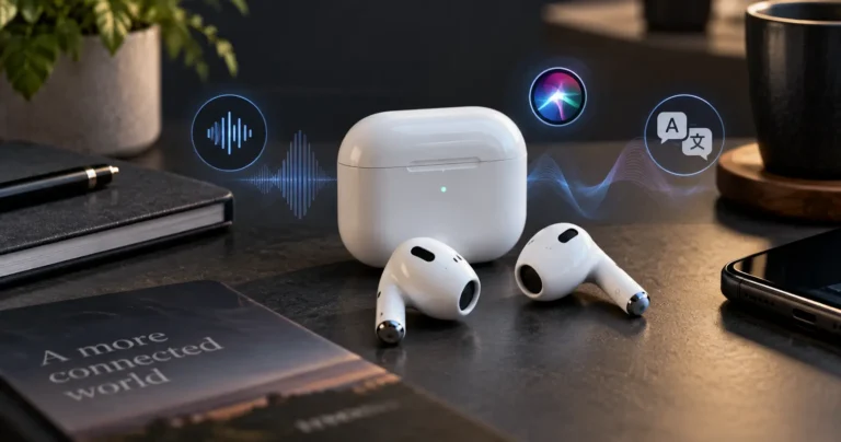 Conceptual editorial image of AirPods 5 and charging case on a technology desk