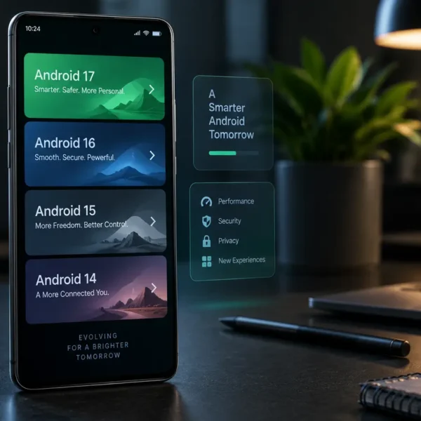 Modern smartphone displaying Android versions from Android 14 to Android 17.