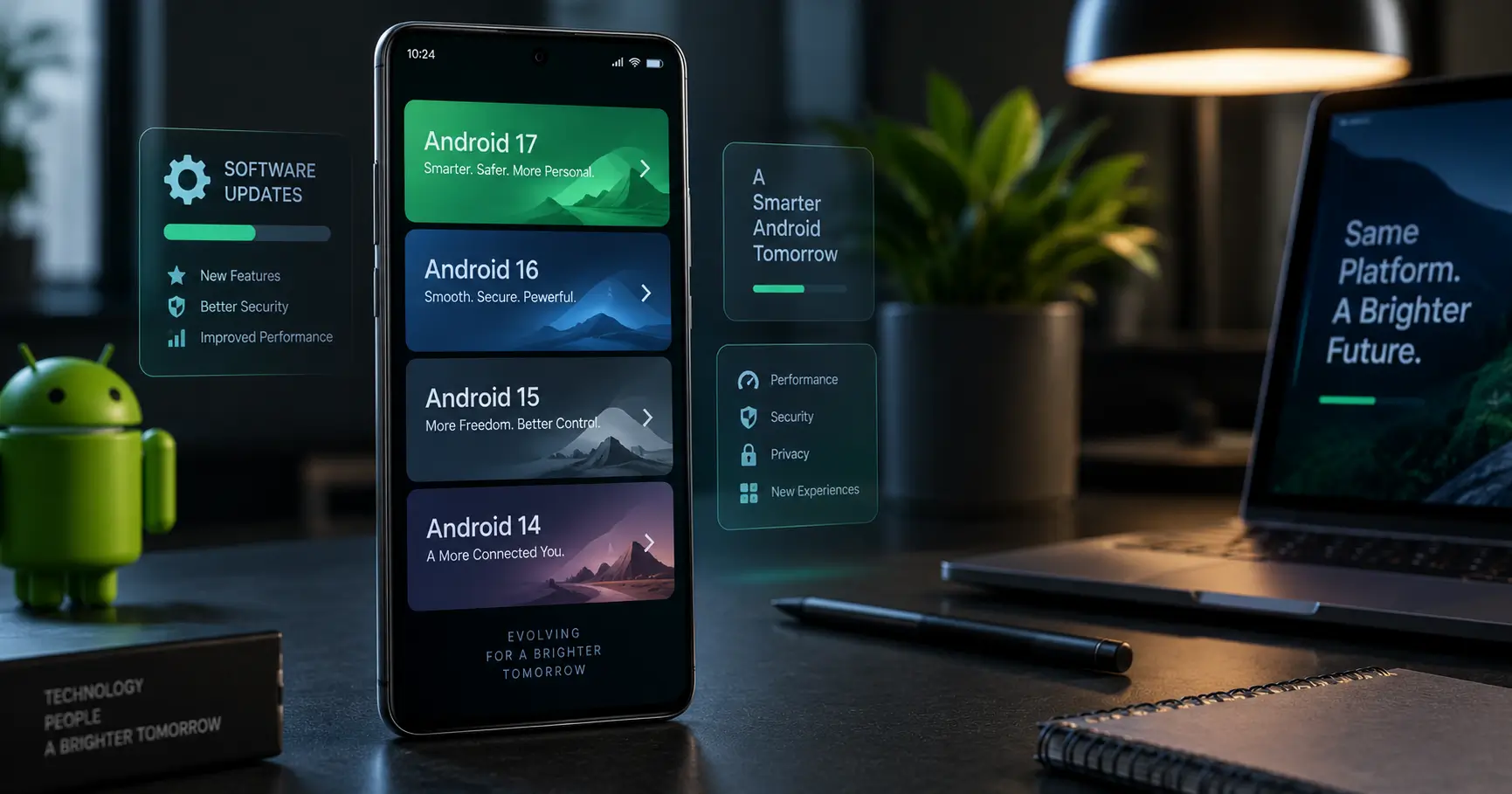 Modern smartphone displaying Android versions from Android 14 to Android 17.