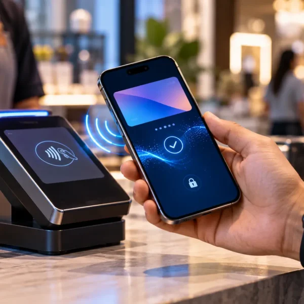 Conceptual contactless smartphone payment scene representing the reported Apple Pay India rollout.